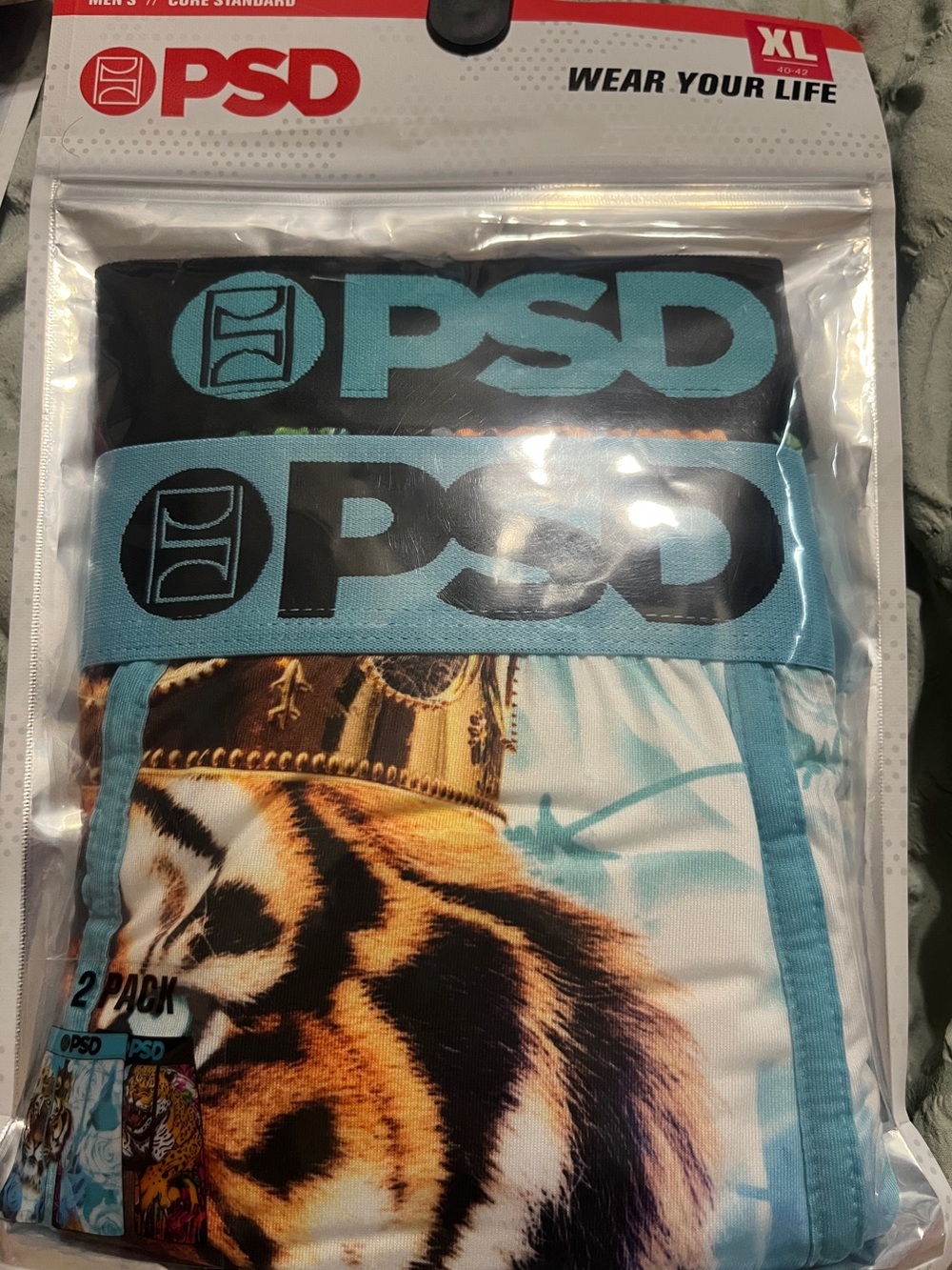 PSD Men’s Boxer Briefs – Black & Light Blue with Multi Tiger Print